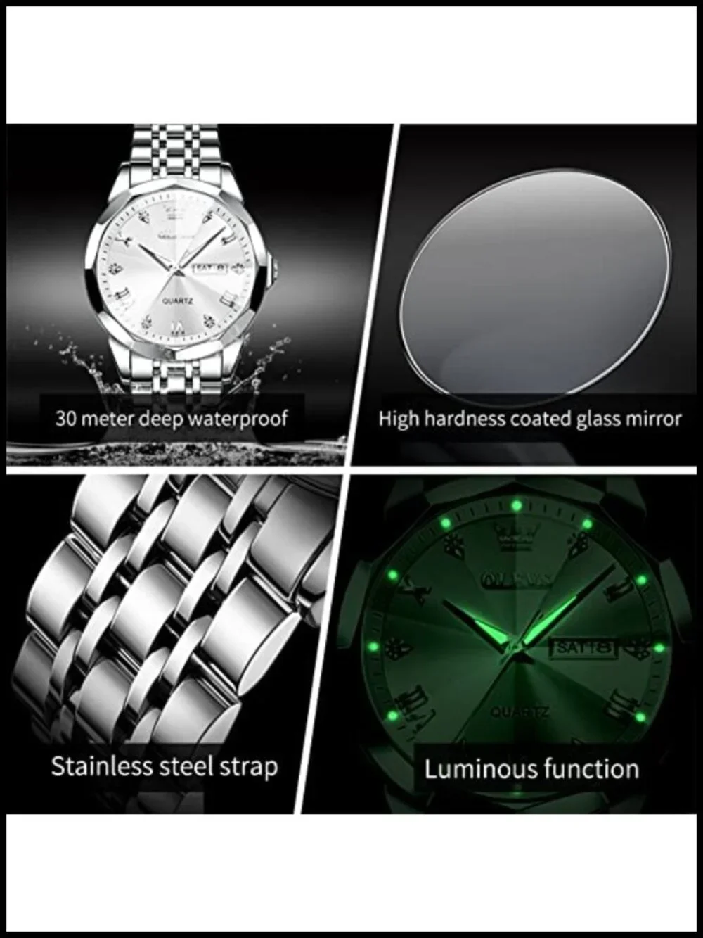 Men's Diamond Roman Numeral Dress Watch Stainless Steel Waterproof Luminous